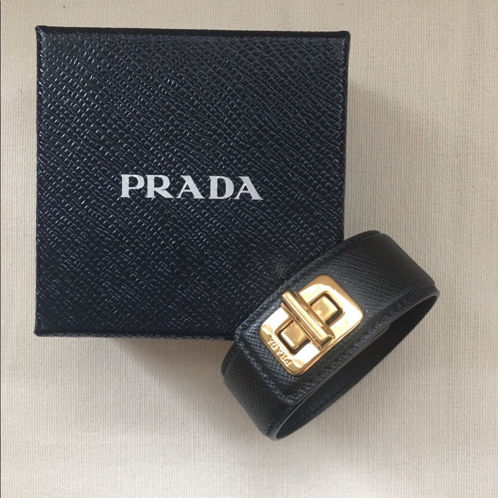 Prada Black Leather Bracelet with Gold Buckle